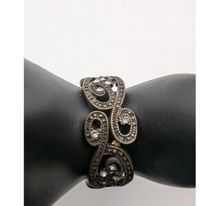 Ornate Filigree Cuff Bracelet Rhinestones Bronze Tone Stretch Bangle